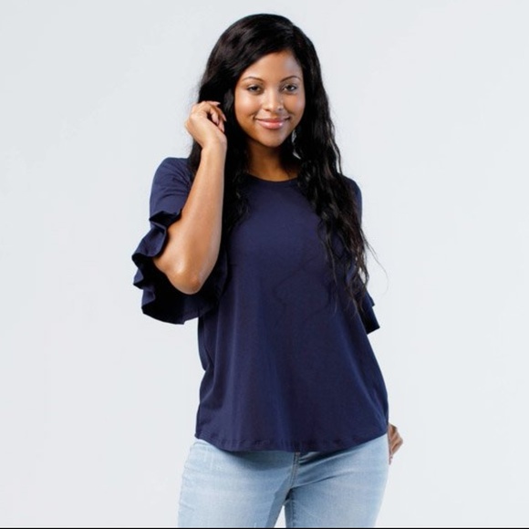 Ethically Made Elbow Bell Sleeve Blouse Navy Blue - Picture 4 of 7